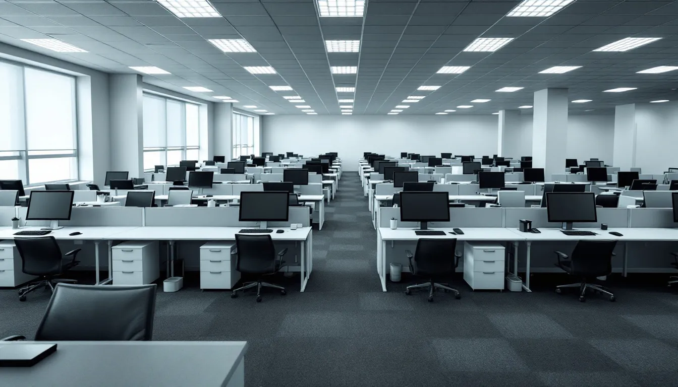 The image depicts empty office spaces with scattered desks and computers, illustrating the shift in the workforce as many workers move away from traditional office environments. This scene highlights the changing work culture and the impact of emerging technologies, such as AI tools, on the future of work.